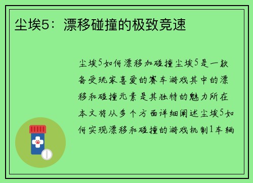 尘埃5：漂移碰撞的极致竞速